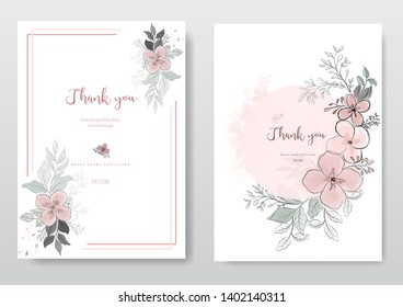 Set of beautiful pink flower with black line card