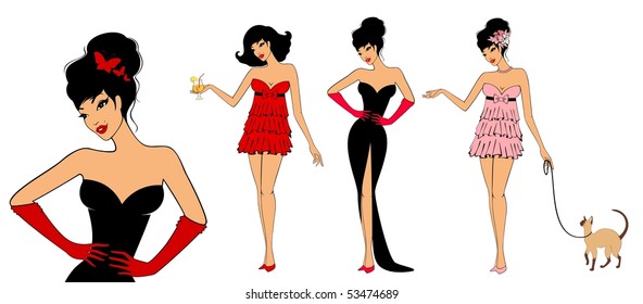 Set of beautiful pin-up girls in retro style. Vector illustration