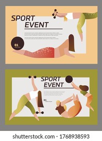 Set of beautiful plus size curved women doing fitness exercise. Vector illustration for poster, postcard