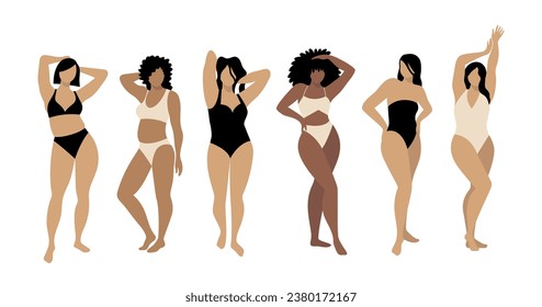 Set of beautiful plus size women in swimsuits. Female curvy characters of different ethnicity and skin color. Diversity. Positive body concept. Isolated vector illustration