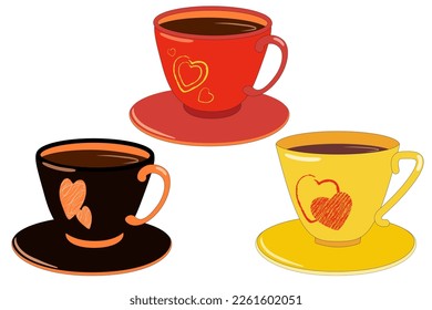 Set of beautiful porcelain coffee cups and saucers decorated with hearts. Color isolated vector illustration.