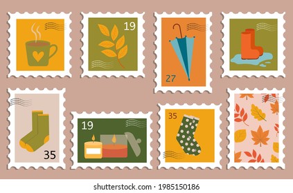 Set von schönen Briefmarken. Vergnügen Briefmarken Vektorgrafik Designs für die Verwendung auf Briefumschlägen. Post- und Postbüro-Konzept.