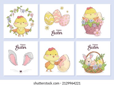 A set of beautiful postcards with cute Easter characters. Rabbit and chick with Easter eggs and flowers. Happy easter set. Vector illustration.