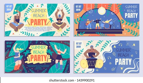 Set Beautiful Poster Summer Beach Party Cartoon. Coupon for Summer Party or Concert Musical Group. Beach Party Invitation Banner. Girls Dancing at Night in Sand. Vector Illustration. Set Beautiful Poster Summer Beach Party Cartoon. Coupon for Summer Party or Concert Musical Group. Beach Party Invitation Banner. Girls Dancing at Night in Sand. Vector Illustration.