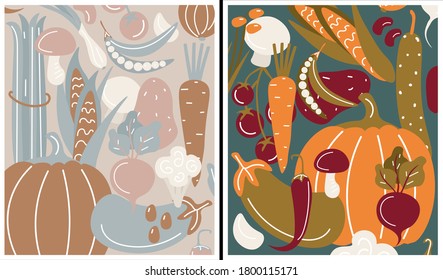 Set of beautiful posters or backgrounds with vegetables, herbs and mushrooms. Autumn harvest and vegetable garden. Avocado, pumpkin, asparagus, radish, beetroot. Vector flat hand drawing illustrations