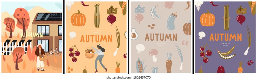 Set of beautiful posters with girl, vegetables, herbs and mushrooms. Autumn harvest and vegetable garden. Avocado, pumpkin, asparagus, radish, beetroot. Vector flat hand drawing illustrations.