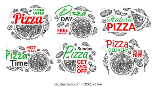 Set of beautiful posters pizza, time free delivery. Traditional Italian snack vector illustration. Set of flat banners for advertising a classic pizzeria. Pizza delivery package sticker