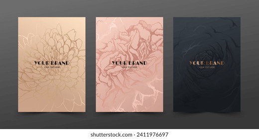 Conjunto de hermosos diseños de plantillas de afiches con texto. Patrón floral en oro. Fondo para banner, postal y afiche. Dibujado a mano, no IA
