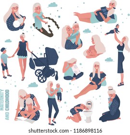 set of beautiful pregnant mothers, newborn baby, little babies, with stroller, with toxicosis, happy parents, vector