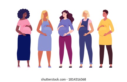 Set of beautiful pregnant women hugging their big bellies. Illustration. Vector in a flat cartoon style.