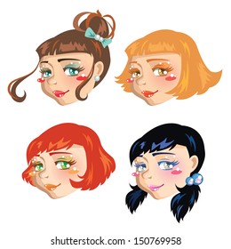 Set of beautiful and pretty girl faces with different hair styles and color. Blond, red, black and brown haires females. Blondy and brunette. Fashion lady faces. 