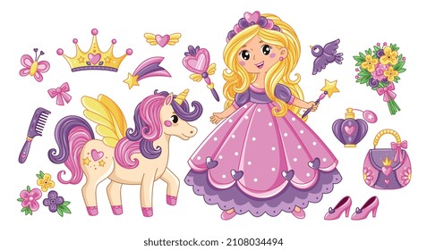 Set of beautiful princess and unicorn. Cute girl with flower, perfume, crown, accessories and pet. Stickers with fairy tale character. Cartoon flat vector collection isolated on white background