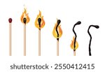 Set of beautiful processes of matches in cartoon style. Vector illustration of stages of burning: match whole, burning with flame, charred isolated on white background. Lighter matches.