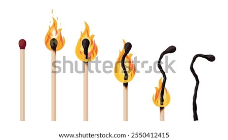 Set of beautiful processes of matches in cartoon style. Vector illustration of stages of burning: match whole, burning with flame, charred isolated on white background. Lighter matches.