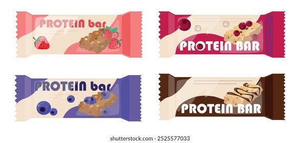 Conjunto de hermosas barras de proteína en envoltorios de colores, en estilo de dibujos animados. Ilustración vectorial de barras de proteína con varios sabores: fresa, arándano, arándano, chocolate aislado sobre un fondo blanco.