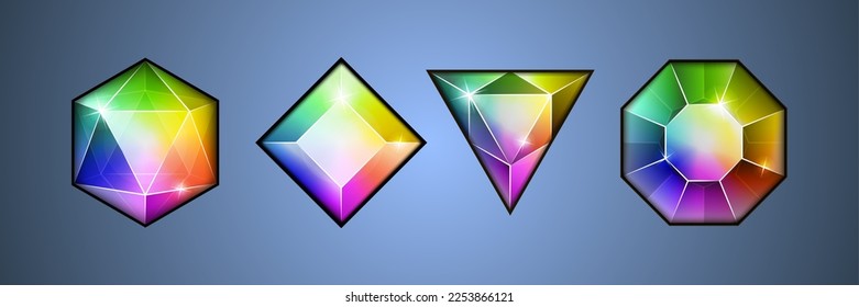Conjunto de hermosos cristales de arco iris. Gradiente forma de gema de forma camaleón facetas. Rocas geométricas vectoriales