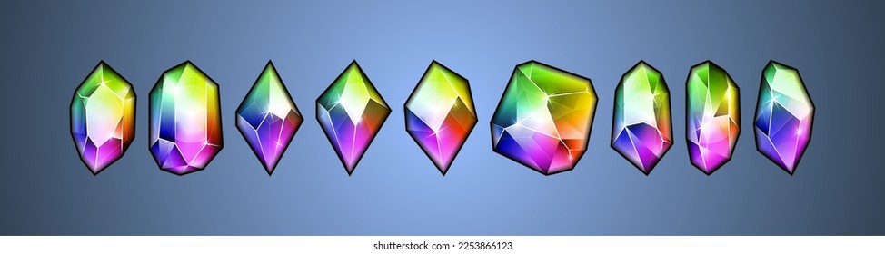 Set of beautiful raibow crystals. Gradient gem shape chameleon facets. Vector geometric rocks