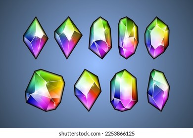 Set of beautiful raibow crystals. Gradient gem shape chameleon facets. Vector geometric rocks