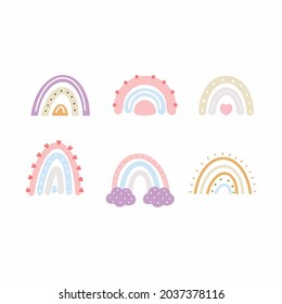 Ponga un hermoso arcoiris en estilo doodle. Nubes para niños de diseño postal. Diseño de moda para chicas.