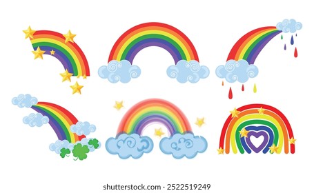 Set von schönen Regenbögen mit Wolken, Sternen, Blättern im Cartoon-Stil.Vektorgrafik von farbigen Regenbögen mit verschiedenen Goldsternen, Regen, Schamrock und vierblättrigen Kleeblättern einzeln auf weißem Hintergrund.