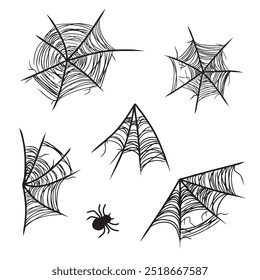 Conjunto de rede web realista bonita com aranha em preto isolado no fundo branco. ilustração de esboço de vetor desenhado à mão em doodle gravado linha arte vintage estilo. Feliz Halloween, horror, ícone