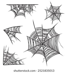 Set aus schönem realistischen Netz mit Spinne in schwarz, einzeln auf weißem Hintergrund. Handgezeichnete Vektorskizze Illustration in doodle gravierte Linie Kunst Vintage-Stil. Happy Halloween, Horror, Ikone