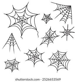 Set of beautiful realistic web net with spider in black isolated on white background. Hand drawn vector sketch illustration in doodle engraved line art vintage style. Happy Halloween, horror, icon.