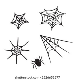 Set of beautiful realistic web net with spider in black isolated on white background. Hand drawn vector sketch illustration in doodle engraved line art vintage style. Happy Halloween, horror, icon.