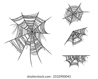 Set of beautiful realistic web net with spider in black isolated on white background. Hand drawn vector sketch illustration in doodle engraved line art vintage style. Happy Halloween, horror, icon