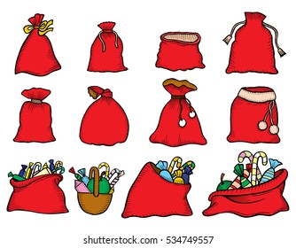 Set of beautiful red bag Santa Claus with gifts, sweets and chocolates for the kids. Isolated on white