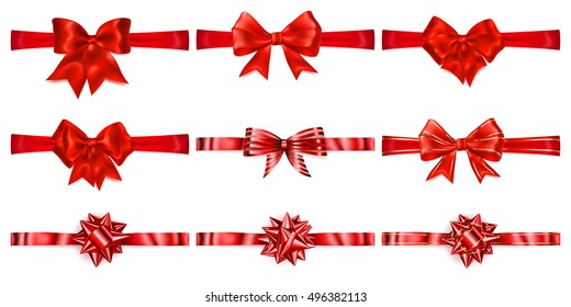 Set of beautiful red bows with horizontal ribbons with shadows