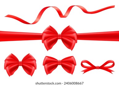 Set of beautiful red bows and satin ribbons, isolated on white background. Can be used for decoration gifts, greetings, holidays, for the design of compositions. Realistic 3d vector illustration.