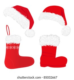 set of beautiful  red christmas caps and socks, isolated on white