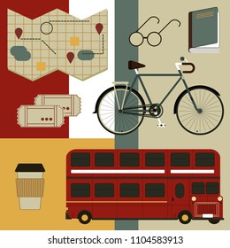 Set of beautiful red double decker open top sightseeing and city visiting buses | Metropolitan public transport illustration touristic buses. Notepad,  tickets, sunglasses, coffee cup, Bicycle, book