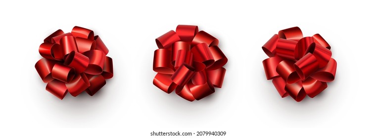 Set of beautiful red foil isolated bows. Vector illustration.