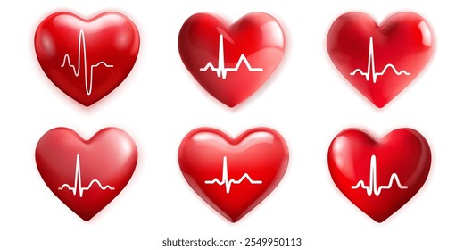 Conjunto de belos corações vermelhos com linha de eletrocardiograma, brilhos e sombras suaves, isolados em fundo branco. Linha de pulso do Ecg.