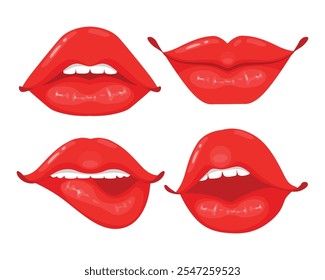 Conjunto de hermosos labios rojos en estilo de dibujos animados. Ilustración vectorial de labios regordetes, con diferentes expresiones faciales, dientes blancos, labio mordido, sonriente aislado sobre fondo blanco. Sexy labios femeninos.