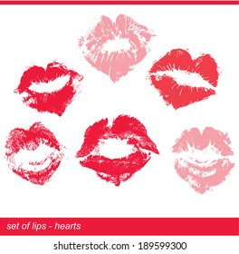 Set of beautiful red lips in heart shape print on isolated white background