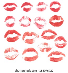 Set of beautiful red lips print on isolated white background
