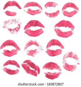 Set of beautiful red lips print on isolated white background 