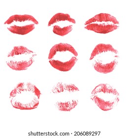 Set of beautiful red lips print on isolated white background