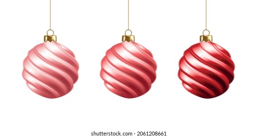 Conjunto de hermosas bolas de navidad 3d realistas rojas aisladas en blanco. Decoración navideña. Ilustración del vector