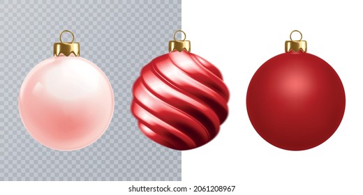 Set of beautiful red realistic 3d christmas balls isolated on white. Christmas decoration. Vector illustration