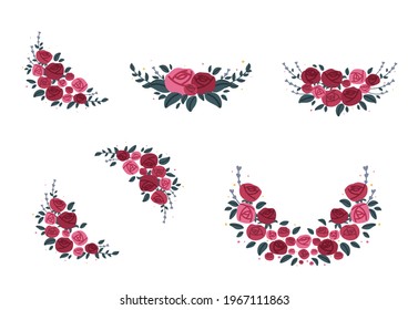 Set of beautiful red violet and pink roses arrangement with green leaves and isolated vector on white background. Colorful floral element for wedding, greeting card design or graphic decoration.