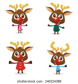 a set of beautiful reindeers with different winter clothes