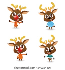 a set of beautiful reindeers with different winter clothes