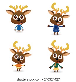 a set of beautiful reindeers with different winter clothes