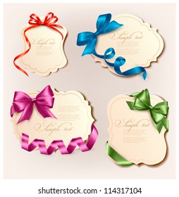 Set of beautiful retro cards with colorful gift bows with ribbons. Vector illustration.