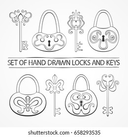 Set with beautiful retro keys and locks in vintage style. Old design.