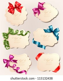 Set of beautiful retro labels with colorful gift bows with ribbons. Vector illustration.